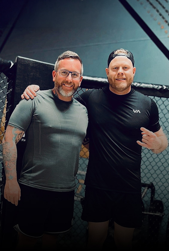 Bruce with Heavyweight world champion Francis Ngannous coach Eric Nicsick in Las Vegas