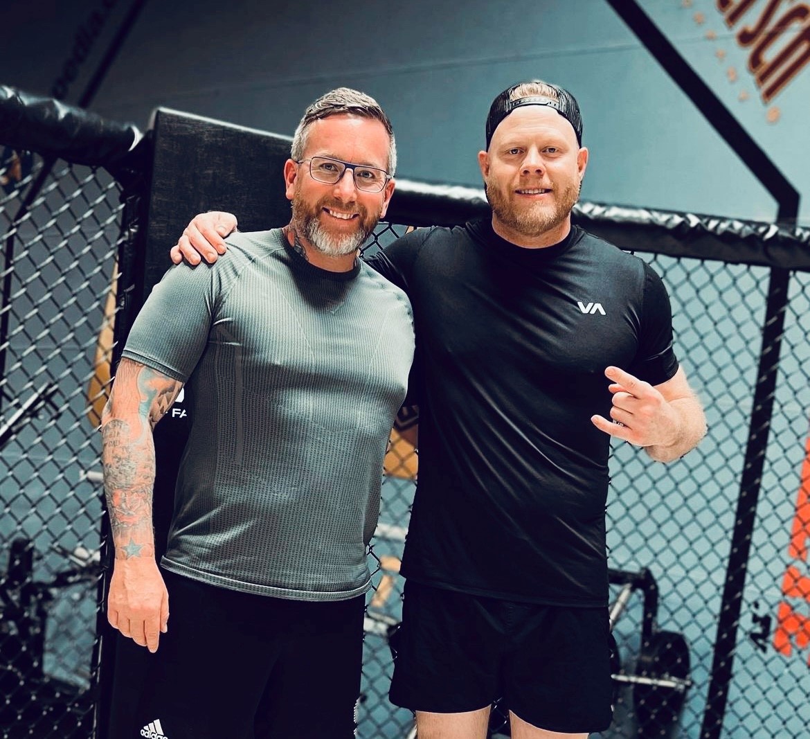 Bruce with Heavyweight world champion Francis Ngannous coach Eric Nicsick in Las Vegas.